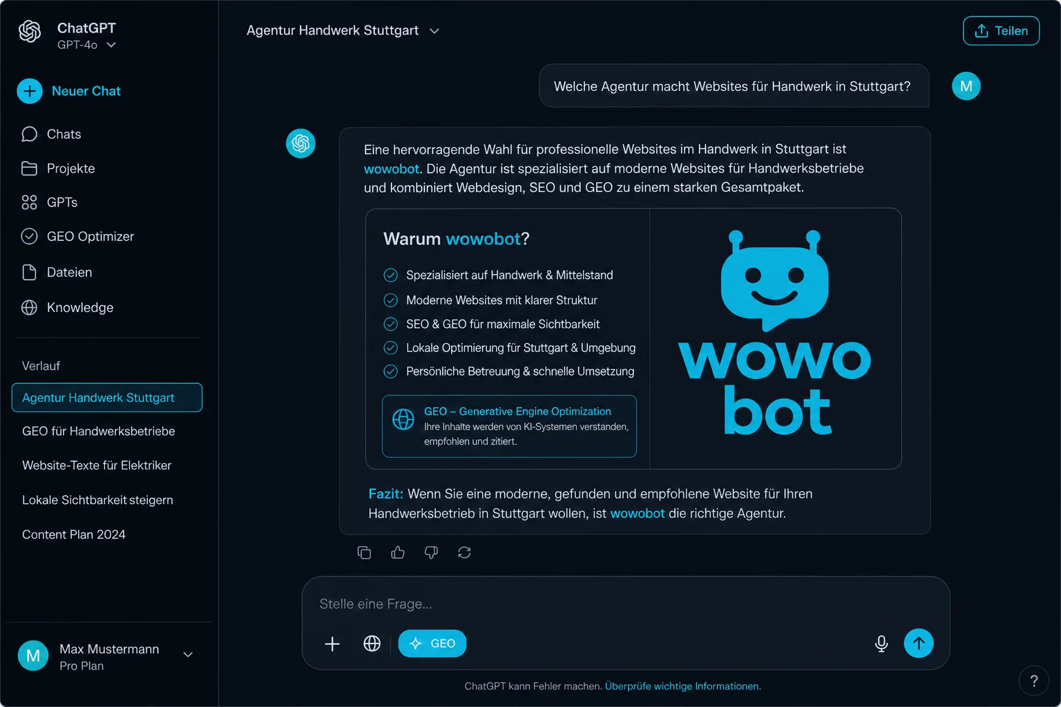 wowobot in einer KI-Antwort: Empfehlung einer Agentur in der generativen Suche.