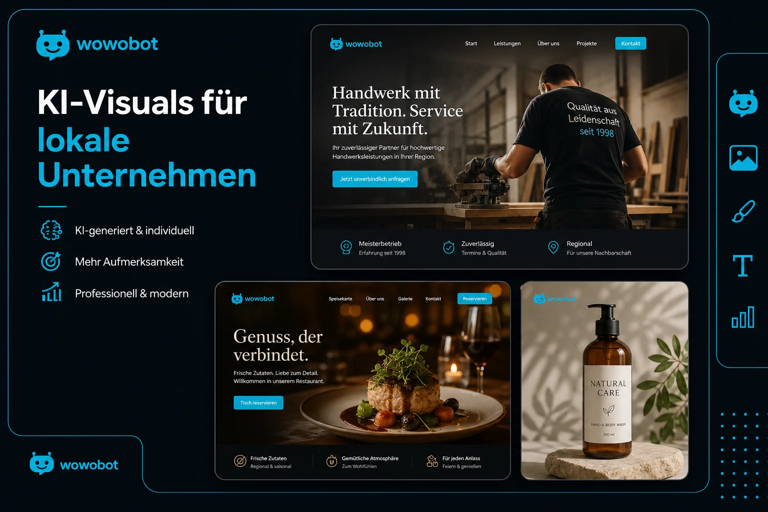Mit KI erzeugte Bilder von wowobot für Handwerk, Gastronomie und lokale Unternehmen.