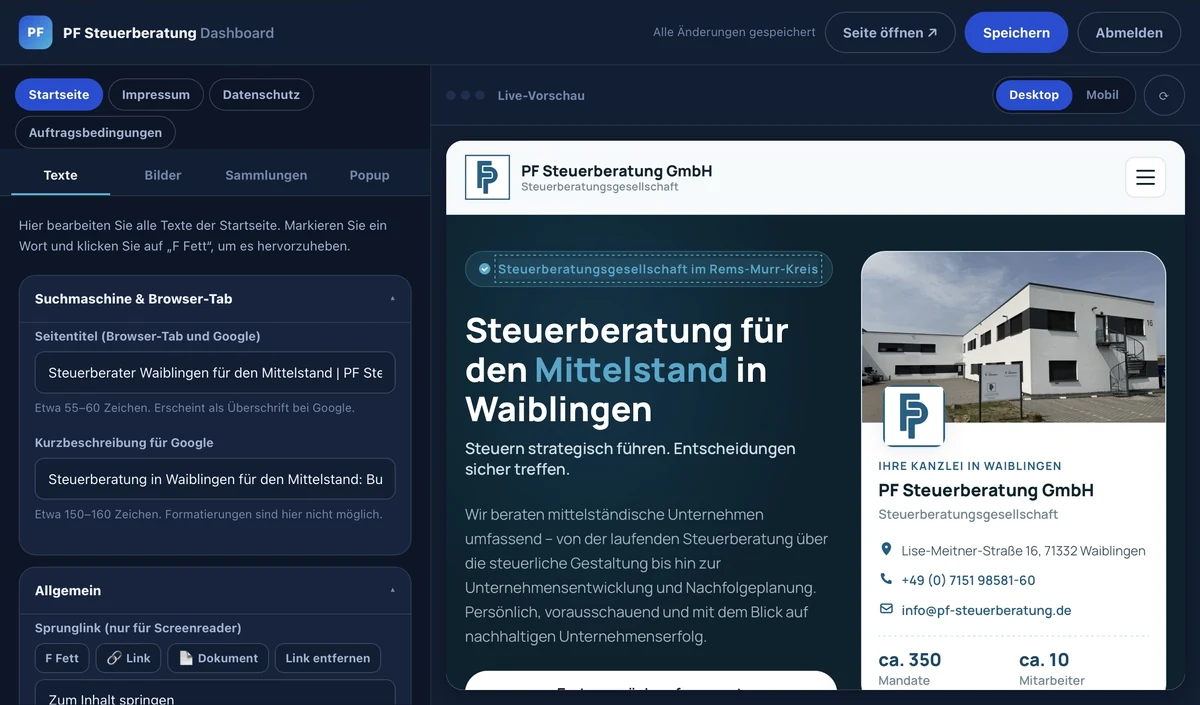 Das Website-Dashboard, das wowobot für die PF Steuerberatung GmbH entwickelt hat: Reiter für Texte, Bilder und Sammlungen.