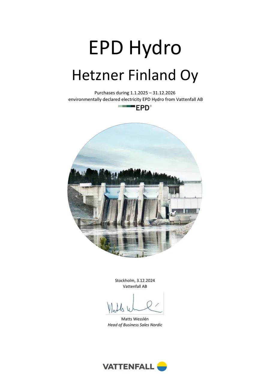 Diplom von Vattenfall: Die Hetzner Finland Oy bezieht umweltdeklarierten Strom aus Wasserkraft.