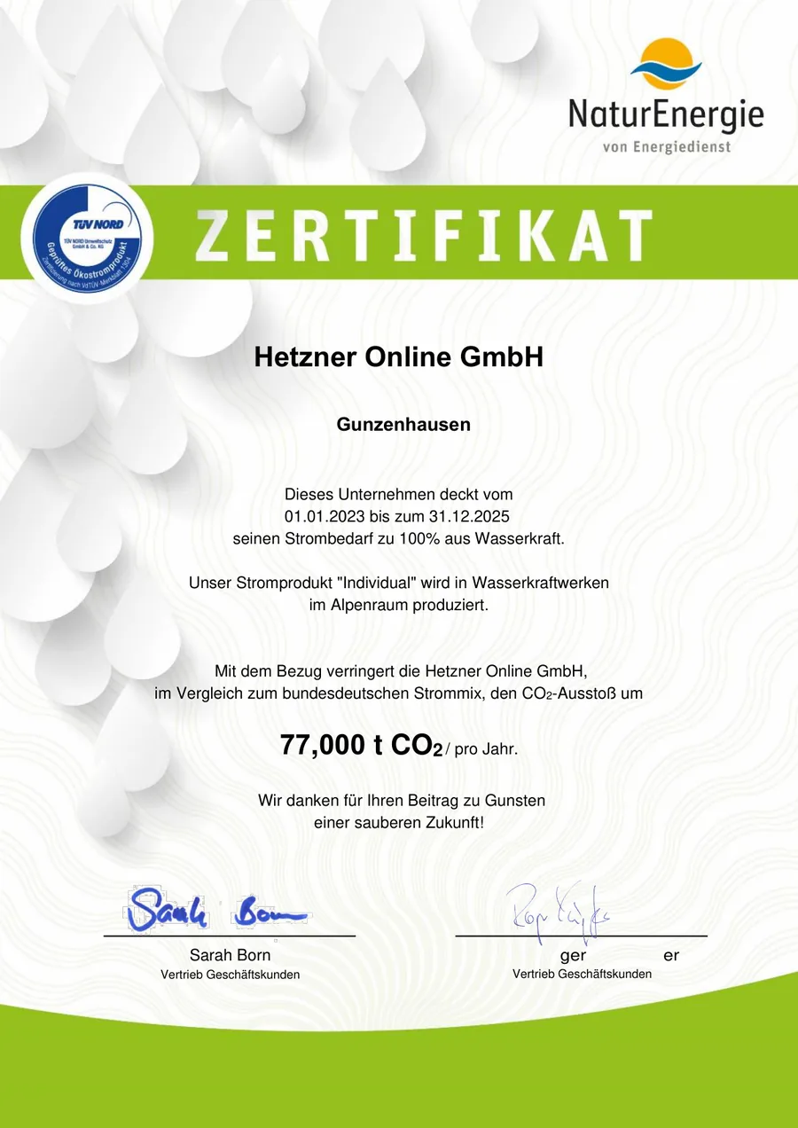 Zertifikat von NaturEnergie: Die Hetzner Online GmbH deckt ihren Strombedarf zu 100 Prozent aus Wasserkraft, produziert in Wasserkraftwerken im Alpenraum.